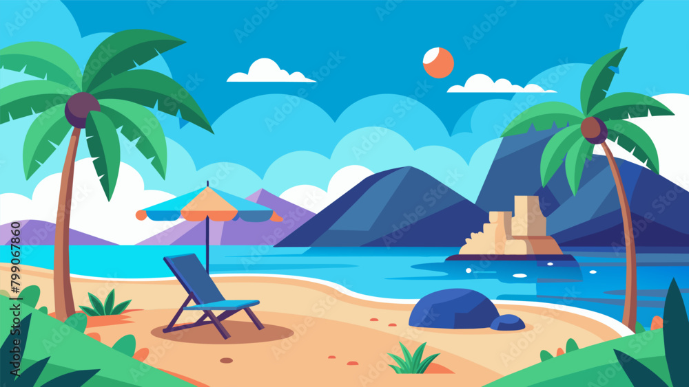 A VR experience where the user is transported to a serene beach allowing them to practice relaxation techniques and manage their stress.. Vector illustration