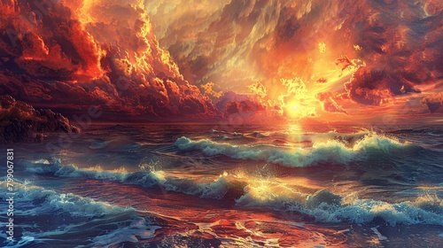 Craft an image depicting a dramatic sunset seascape #799067831