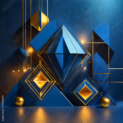 abstract background.blue geometric shapes with golden accents illuminated against a dark blue backdrop. The illustration should showcase the interplay of light and shadow, enhancing the depth and comp photo