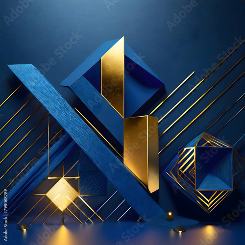blue geometric shapes with golden accents illuminated against a dark blue backdrop. The illustration should showcase the interplay of light and shadow, enhancing the depth and complexity of the abstra photo