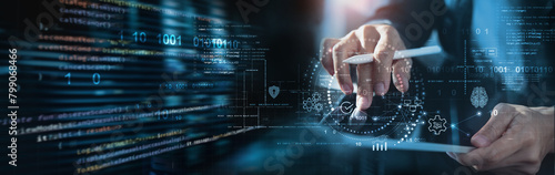 Data science and analysis. Software developer using digital tablet connecting with database and data center. Business process automation software and management software (SAP). data engineering