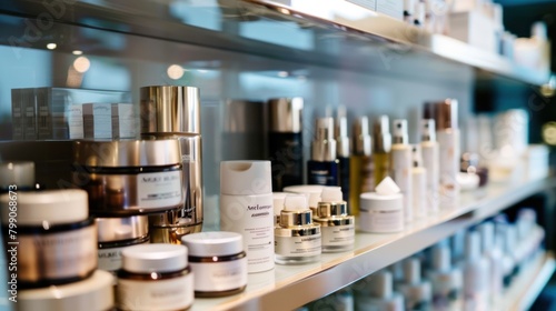 A shelf of age-defying skincare products with before and after photos
