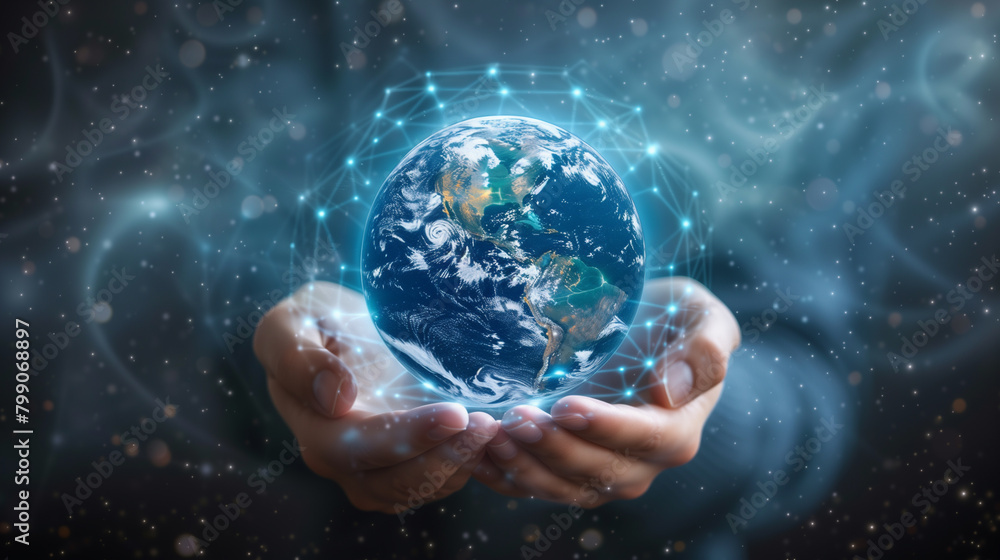 Global Connectivity and Internet Concept with Hands Holding Digital Earth