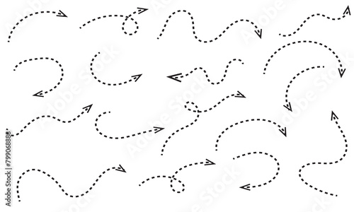 Clean dot style hand drawn doodle arrows set. Clean dot arrows style doodle set hand drawn. Curve Dotted line, preliminary. isolated on white background vector collection