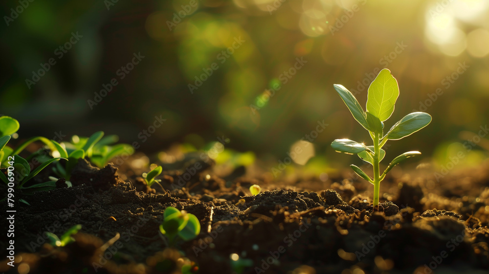 Young Plant Sprouting from Soil with Sunlight Symbolizing Growth and Life Young Plant Sprouting from Soil with Sunlight Symbolizing Growth and Life