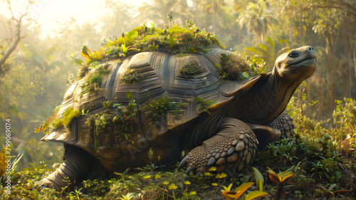 An enormous ancient tortoise carries a garden on its back photo