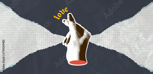 Collage halftone hand with gesture of finger up. Cutout lightning shape, hand-drawn doodle element and heart reaction. Vintage vector concept of approval. Isolated torn notebook paper. 