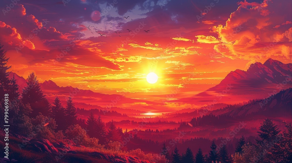 Craft an image depicting a majestic sunset panorama Craft an image depicting a majestic sunset panorama