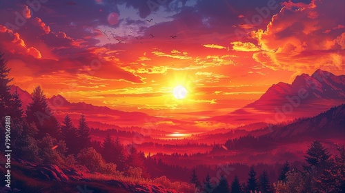 Craft an image depicting a majestic sunset panorama