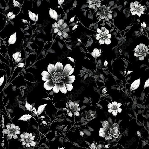 Seamless floral pattern on black background  fantasy floral wallpaper. Generative ai