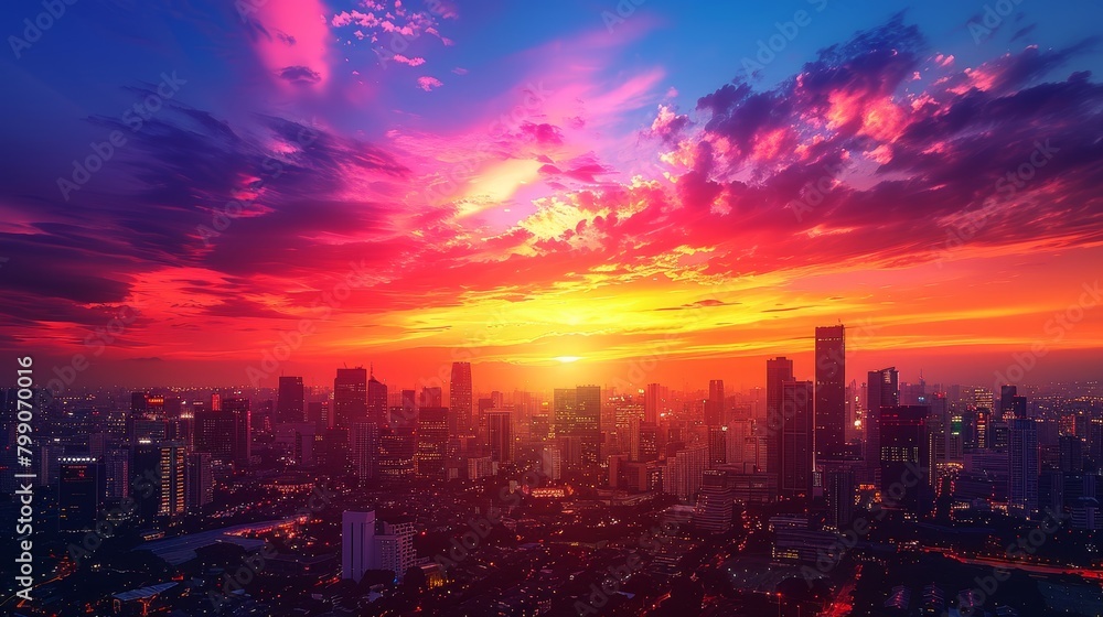 Obraz premium Craft an image depicting a panoramic sunset over a city skyline