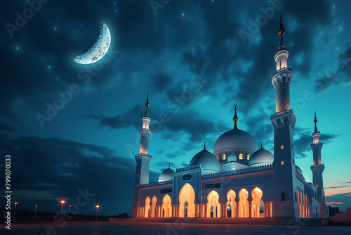 The mosque is illuminated by the crescent moon at night, symbolizing the Ramadan Kareem and Islamic Day celebrations. Generative AI © Breyenaiimages
