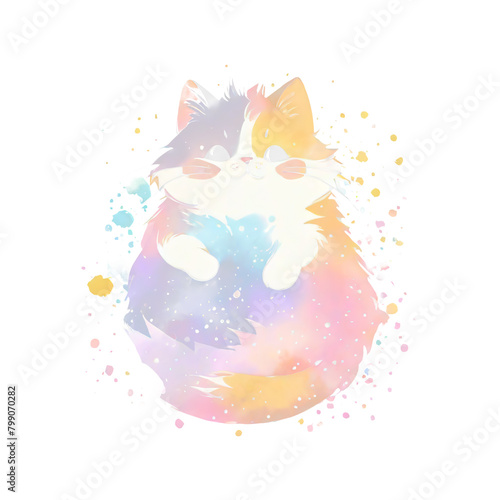 Cute cat with watercolor splash on transparent background. illustration.