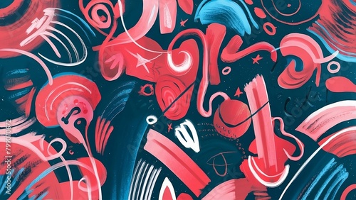 An abstract design with various strokes and swirls, in the style of light red and dark blue, vibrant cartoonish, playful shapes, colorful curves, sgrafitto, simplified forms and shapes photo