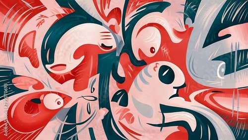 An abstract design with various strokes and swirls, in the style of light red and dark blue, vibrant cartoonish, playful shapes, colorful curves, sgrafitto, simplified forms and shapes photo