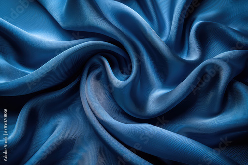 Beautiful background of blue silk fabric with folds, shiny and glossy in dark color. Created with Ai