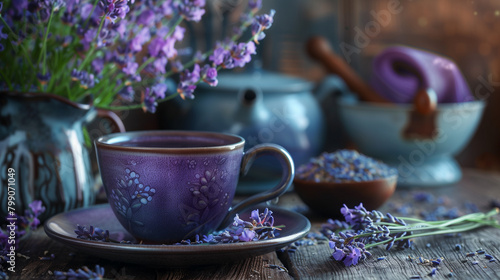 Purple Cup of healthy lavender tea and lavender flowers 