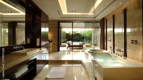 Luxury modern bath room interior design with lights. Generated AI image