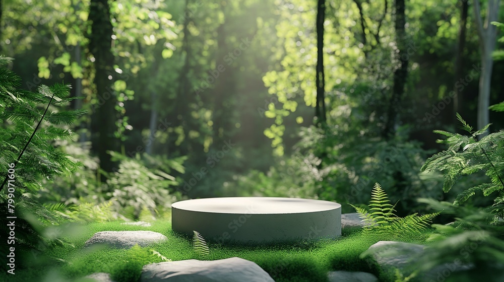 Podium mockup, forest tree landscape background, 3d render Podium mockup, forest tree landscape background, 3d render