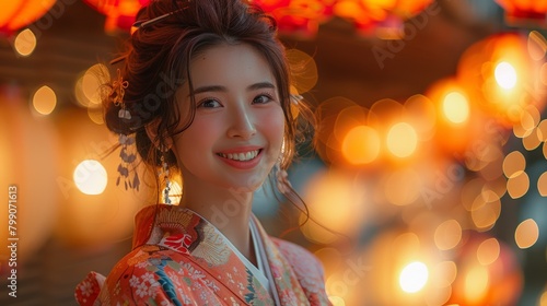 Smiling Japanese girl in a bright red kimono is holding white paper lantern light in Obon Odori or summer festival night in a temple surrounded by various glowing lanterns. © Surachetsh