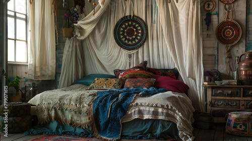 bohemian - style bedroom with canopy bed and dreamcatchers, featuring colorful pillows and a red ru