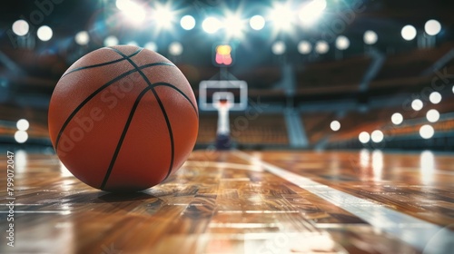 Close up of basketball on arena stadium court floor with spotlights. AI generated © is