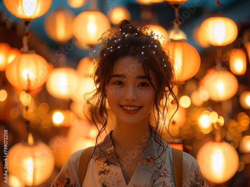 Smiling Japanese girl in a bright red kimono is holding white paper lantern light in Obon Odori or summer festival night in a temple surrounded by various glowing lanterns.