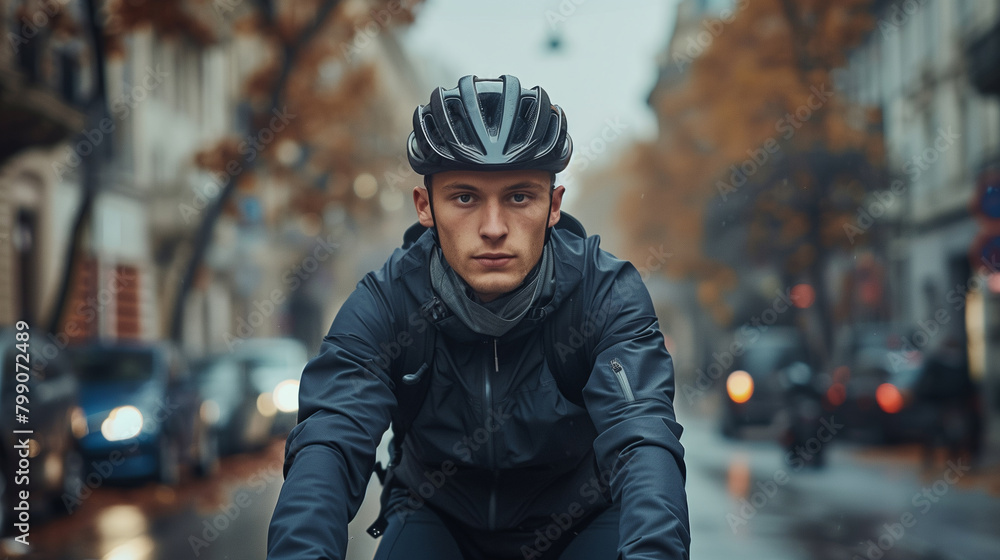 Safety-conscious male cyclist rides through busy city streets in protective gear, exemplifying the essence of urban commuting and road safety. Safety-conscious male cyclist rides through busy city streets in protective gear, exemplifying the essence of urban commuting and road safety.