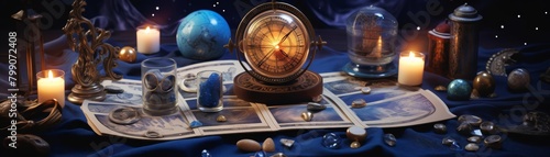 an astrology altar with candles, a crystal ball, and tarot cards
