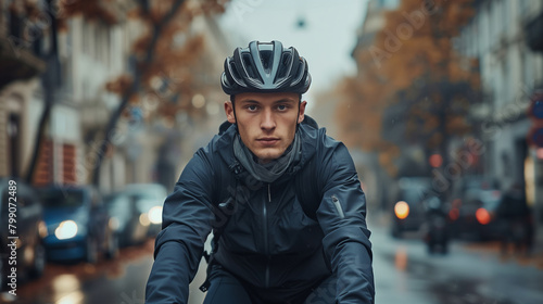 Safety-conscious male cyclist rides through busy city streets in protective gear, exemplifying the essence of urban commuting and road safety.