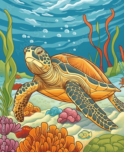digital artwork of a sea turtle swimming in a coral reef. The sea turtle is green and has a hard shell