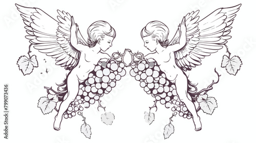 Pair of flying Cupids or angels carrying bunch of g