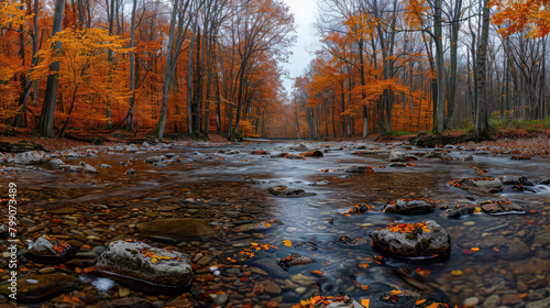Panoramic photo of the beautiful autumn landscape in a forest with a stream, trees, rocks and stones, rocks covered in the style of orange moss. Created with Ai
