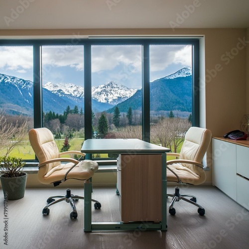 Tranquil Workspace  Cream-Colored Furniture with a View of Spring Mountains 