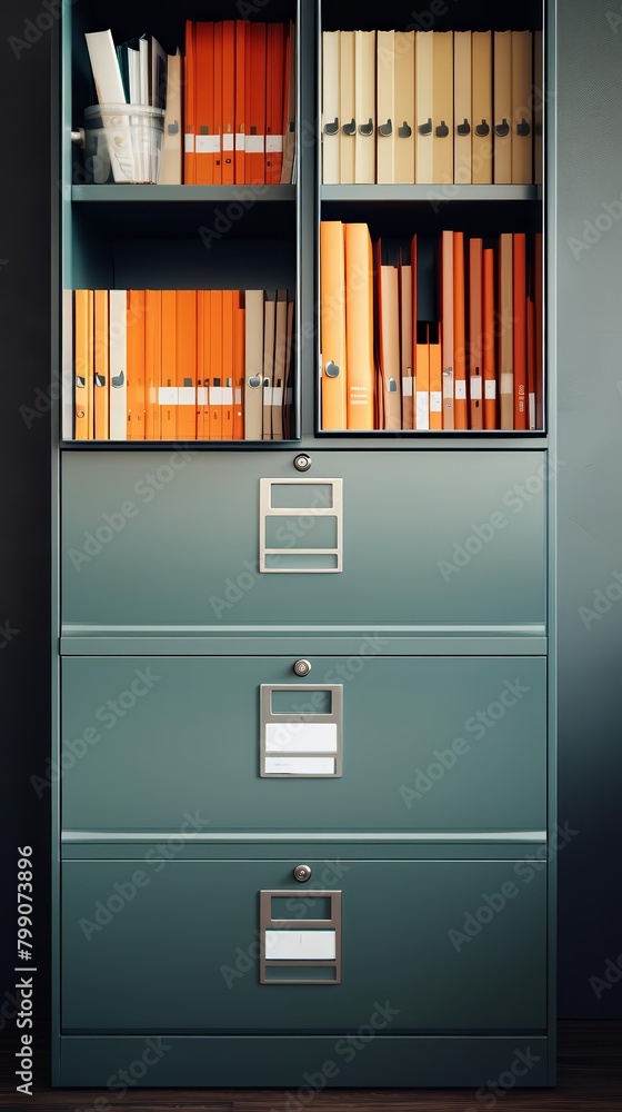 A metal filing cabinet with four drawers and a shelf above it
