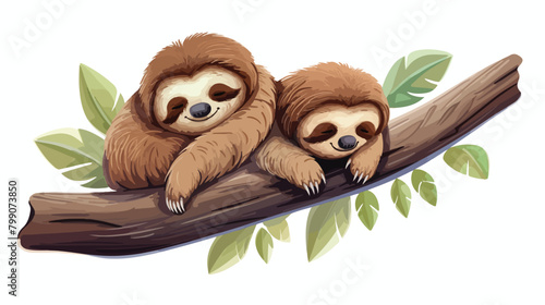 Pair of mom and baby sloths sleeping on branch. Fam photo