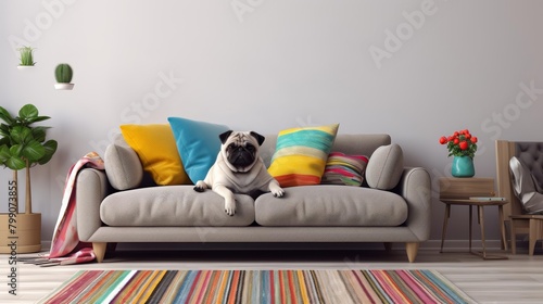 A pug sits on a couch in a modern living room