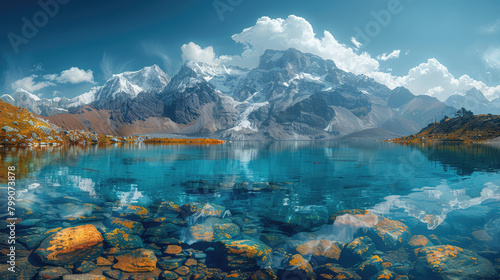 Beautiful scenery of clear blue lake with snowcapped mountains in the background. Created with Ai