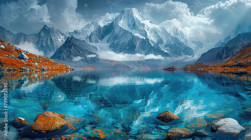  A breathtaking panoramic view of the Himalayas, with snowcapped peaks and crystalclear mountain lakes reflecting their colors in turquoise blue and white hues. Created with Ai photo