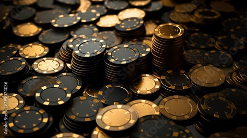 A photo of a large pile of black and gold casino chips.
