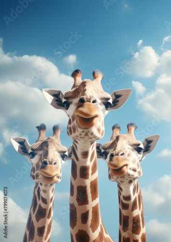 Three giraffes stand tall against a bright blue sky