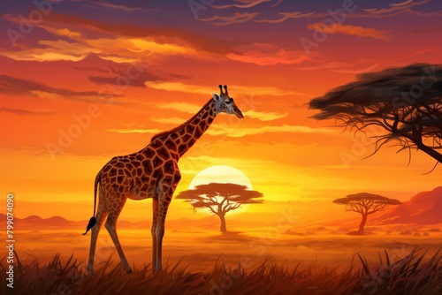 A tall giraffe stands in the middle of the savanna