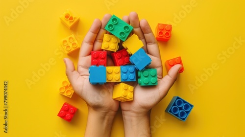 Hands holding colorful toy plastic bricks, blocks for building toys on yellow background