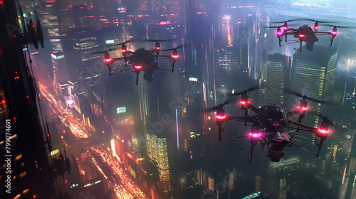 There are several black drones with red lights flying over a futuristic city. There are tall buildings and red lights all throughout the city.  