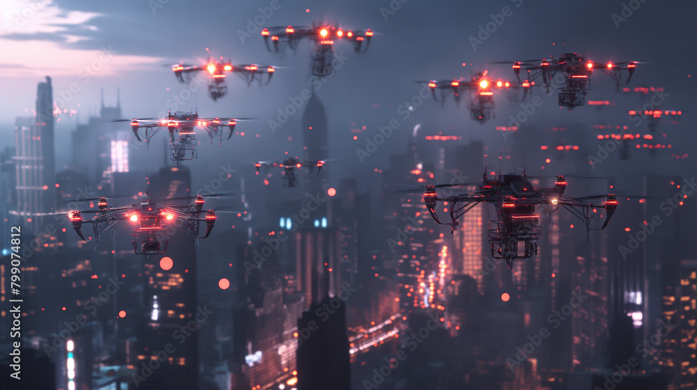 There are several black drones with red lights flying over a futuristic city. There are tall buildings and red lights all throughout the city.

