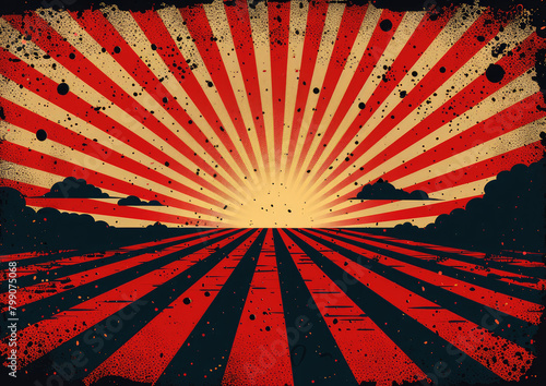 A vintage Japanese poster background with red and black rays of light. Created with Ai