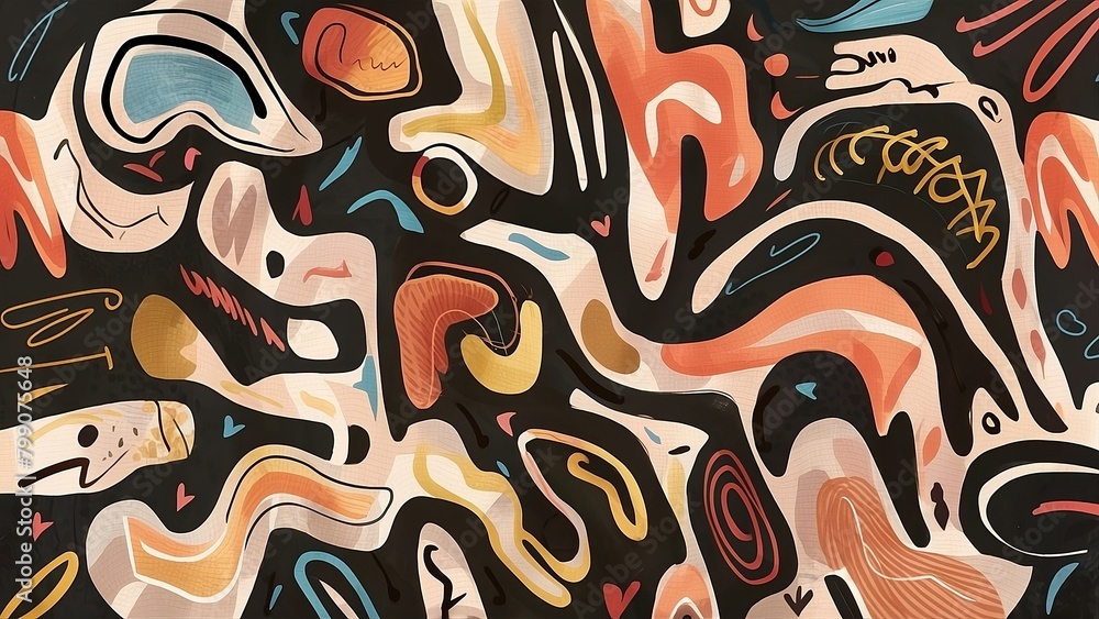 An abstract design with various strokes and swirls, in the style of light black and dark brown, vibrant cartoonish, playful shapes, colorful curves, sgrafitto, simplified forms and shapes