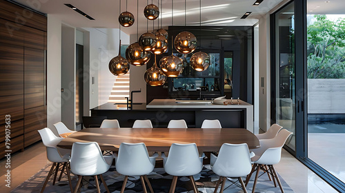 contemporary dining area with statement pendant light featuring white chairs, a wood table, and a b