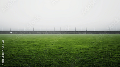 A field of green grass with a white line on the ground. The field is empty and the sky is cloudy