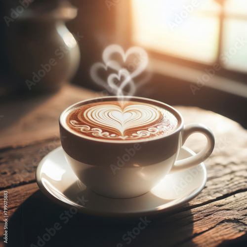 A cup of hot coffee with a heart-shaped foam and steam forming heart shapes above it.